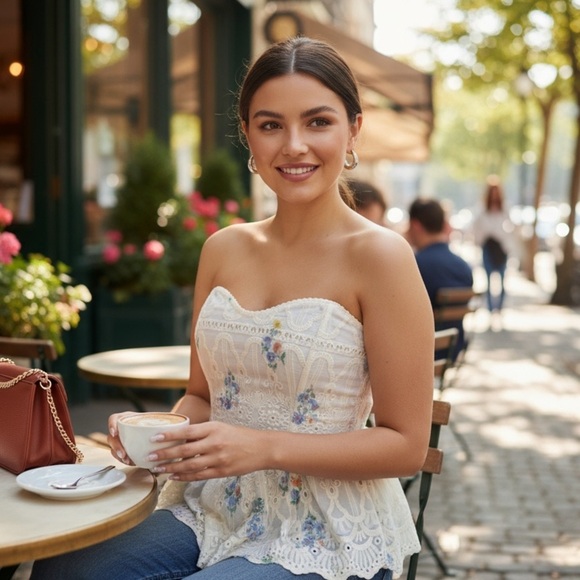 QuietStorm Jodie Strapless Embroidered Top with Sweetheart Neckline in Floral - Picture 2 of 10